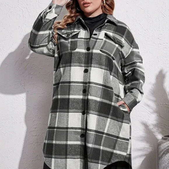 Womens Plus Size Flannel Plaid Shirts Lounge Lapel Button Down Tartan Coats - Picture 2 of 4